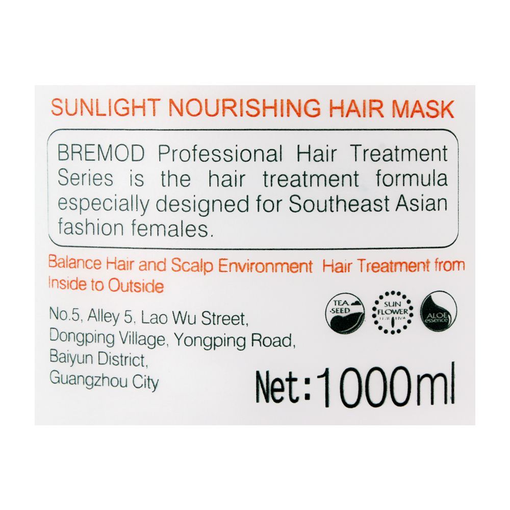 A white rectangular product label for BREMOD Sunlight Nourishing Hair Mask, featuring orange and black text on a white background with certification logos.