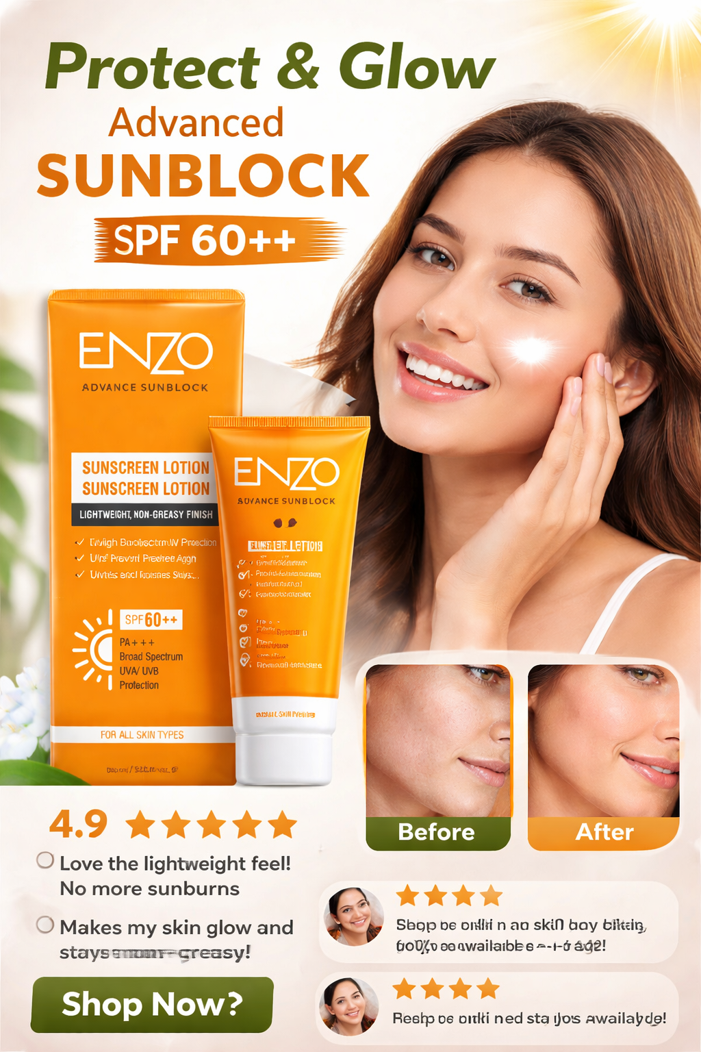 ENZO Advance Sunblock SPF 60+ PA+++ | Lightweight Sunscreen Lotion
