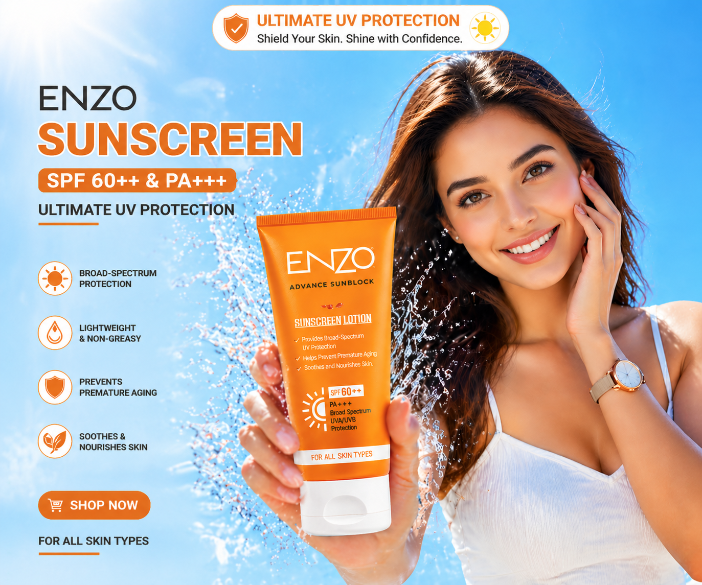 ENZO Advance Sunblock SPF 60+ PA+++ | Lightweight Sunscreen Lotion